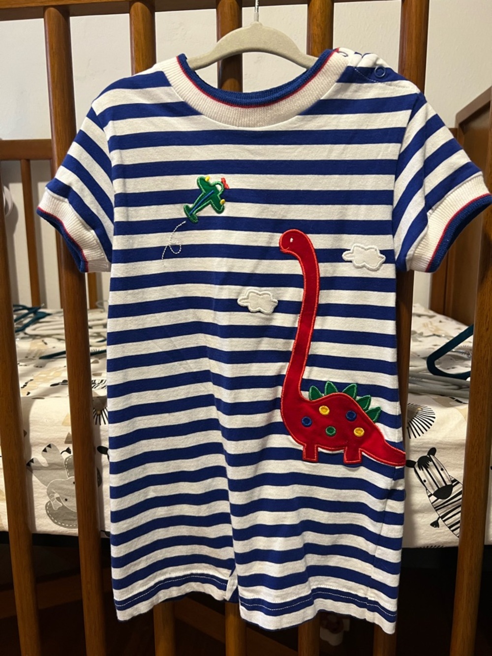 Striped Blue & White Kids Dino Appliqué Romper